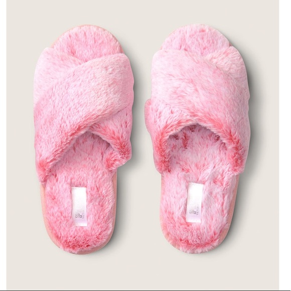 Victoria Secret Slippers Large 9 10 Pink White Hearts Satin Warm Fuzzy Fur Trim - Foto 11
